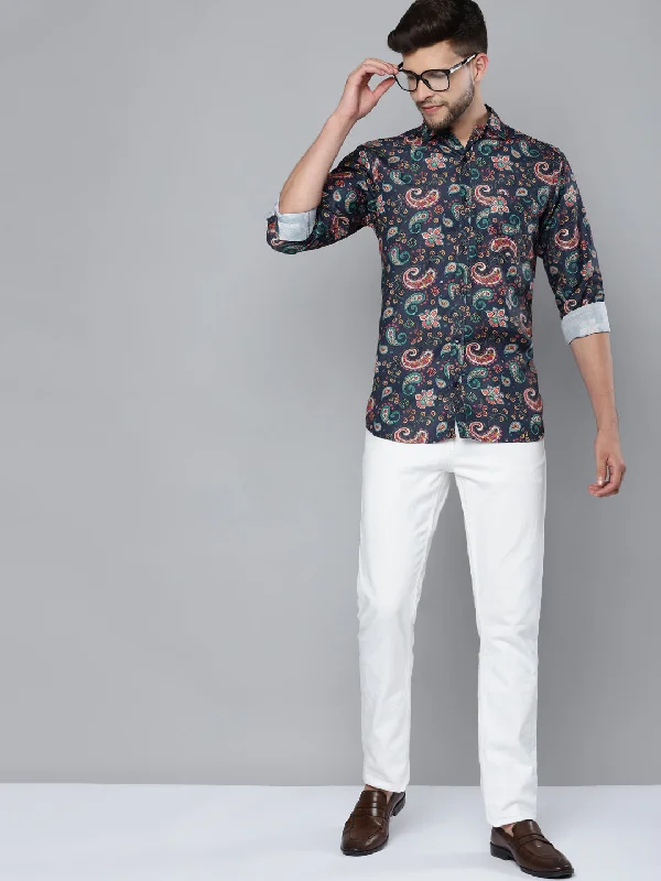 Men's Designer Shirts for a Statement PieceMen Navy Blue Smart Slim Fit Printed Formal Shirt