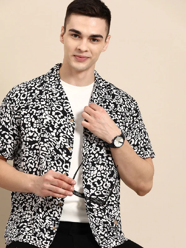 Men's Camouflage Shirts for an Outdoor AppealDENNISON Men Black Smart Abstract Printed Cuban Collar Casual Shirt