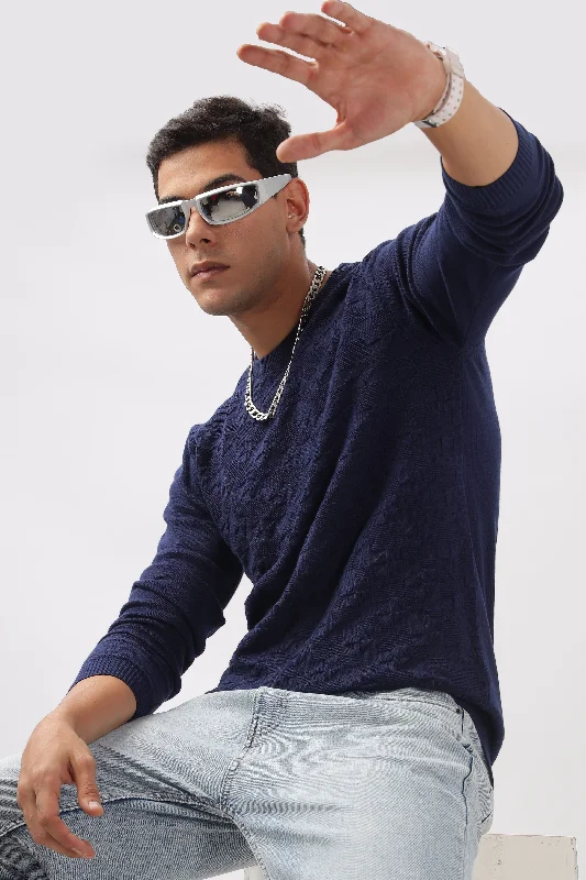 Men's Shirts with Roll-Up SleevesGeometric Knitted Navy BlueFull-Sleeve T-Shirt