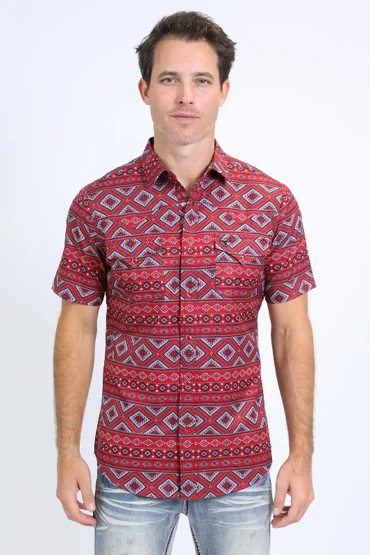 Men's Shirts with Pleated HemlinesMens Performance Western Short Sleeve Aztec Print Red Shirt