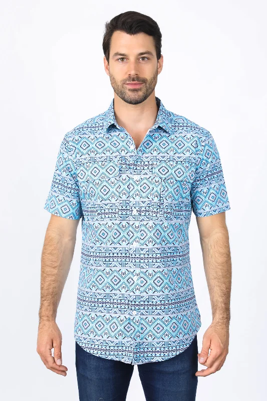 Men's Shirts with Roll-Up SleevesMens Performance Classic Fit Western Short Sleeve Aztec Print White/Blue Shirt Men's Shirts with Roll-Up SleevesMens Performance Classic Fit Western Short Sleeve Aztec Print White/Blue Shirt
