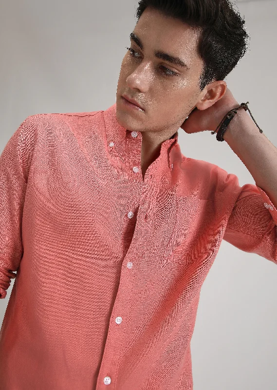 Durable Men's Work ShirtsPeach Pink Cotton Linen Shirt