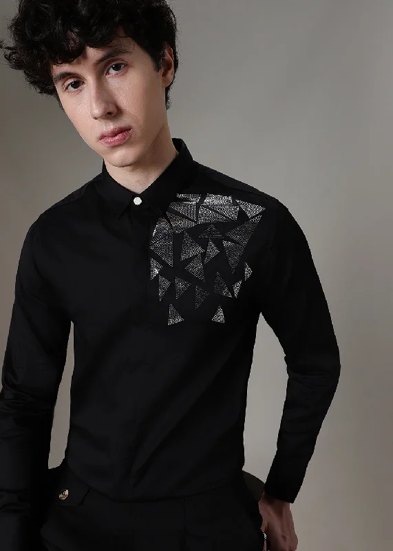 Men's Solid-Colored Shirts for VersatilityTriangle Grid Black Designer Shirt