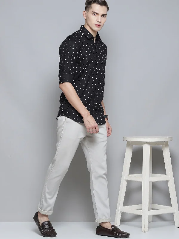 Men's Fishing Shirts for Water SportsMen Black Smart Slim Fit Opaque Printed Casual Shirt