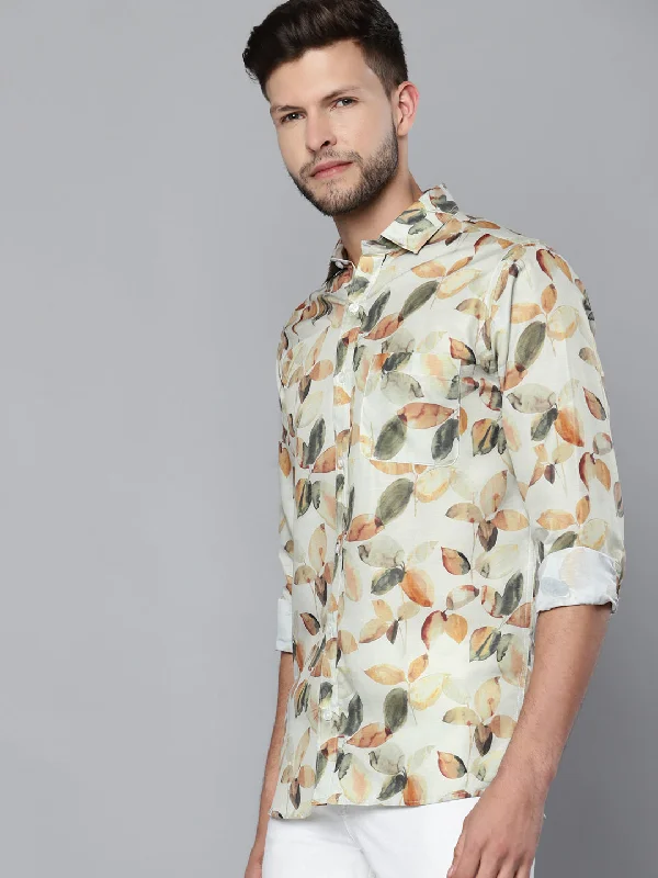 Men's Solid-Color Block Shirts for a Bold StatementMen Beige Smart Slim Fit Printed Casual Shirt