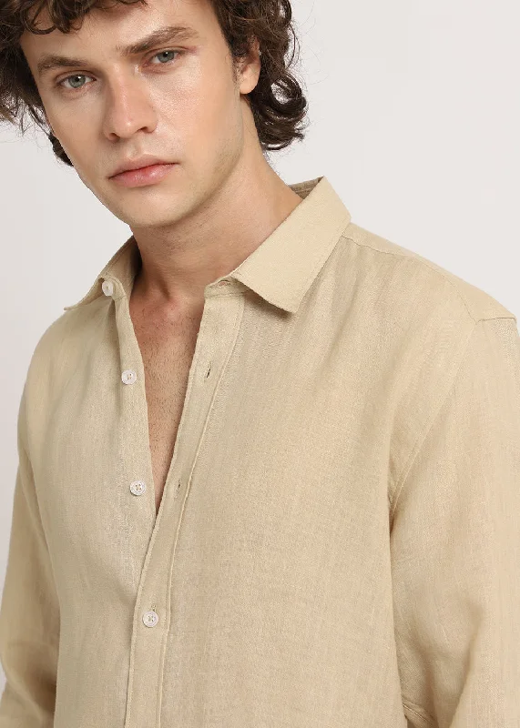 Men's Floral Print Shirts for Spring and SummerOak Beige Pure Linen Shirt