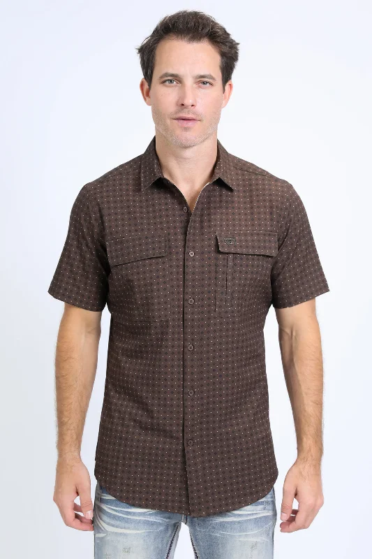Men's Shirts with Spread CollarsMens Performance Western Short Sleeve Aztec Print Brown Shirt