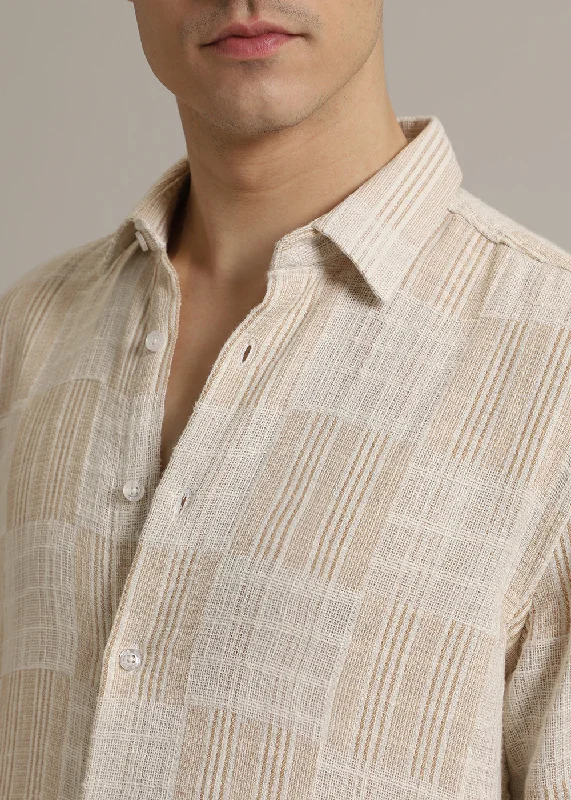 Layered Men's Henley ShirtsBeige Pin Check Textured Shirt