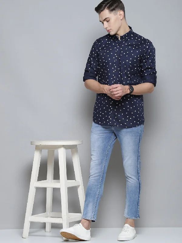 Men's Dressy Button-Down Shirts for Formal OccasionsMen Navy Blue Smart Slim Fit Opaque Printed Casual Shirt