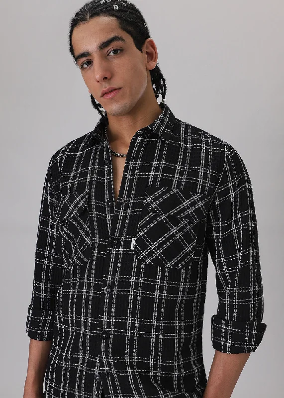 Men's Breathable Shirts for Warm ClimatesBlack Waffle Plaid Check Shirt