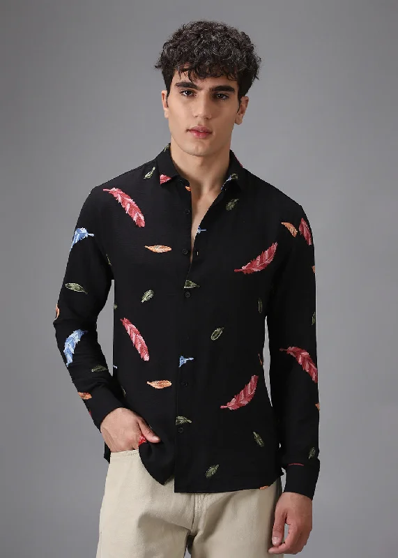 Men's Cufflink-Ready Shirts for Formal EventsBlack Leaf Embroidery Shirt