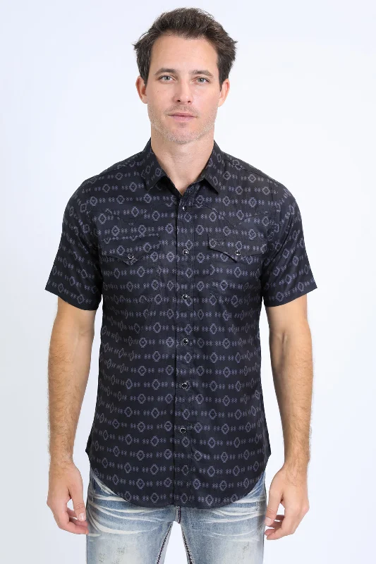 Men's Shirts with Asymmetrical HemlinesMens Performance Western Short Sleeve Aztec Print Black Shirt