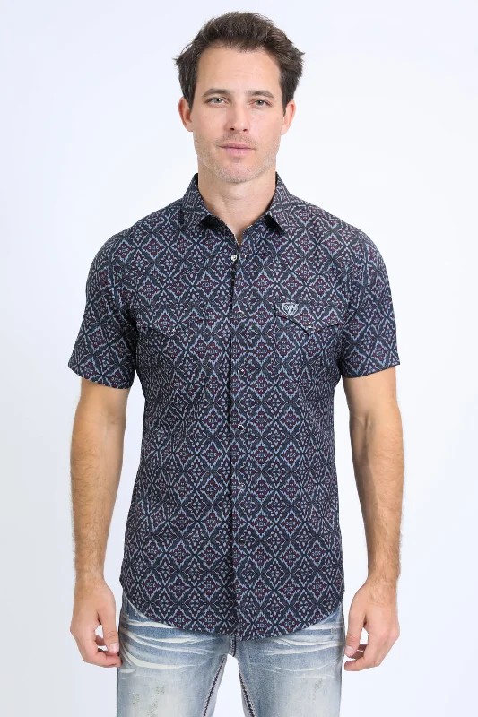 Elegant Men's Dress ShirtsMens Performance Western Short Sleeve Aztec Print Black/Burgundy Shirt