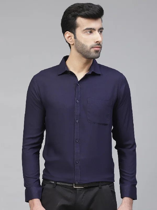 Men's French-Cuff Shirts for a Sophisticated EdgeMen Navy Blue Twill Weave Smart Slim Fit Solid Formal Wrinkle Free Shirt