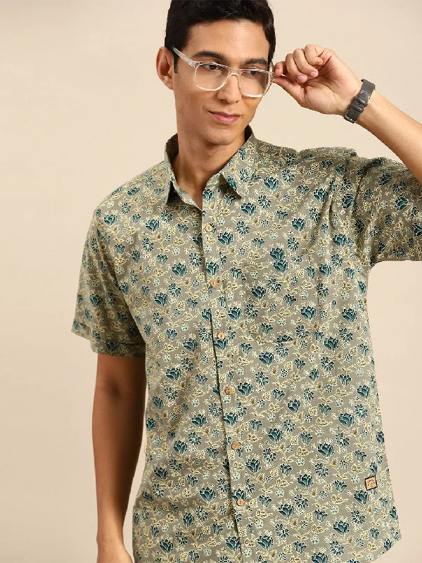 Men's Bamboo Fiber Shirts for Softness and BreathabilityDENNISON Men Olive Green Block Printed Shirt
