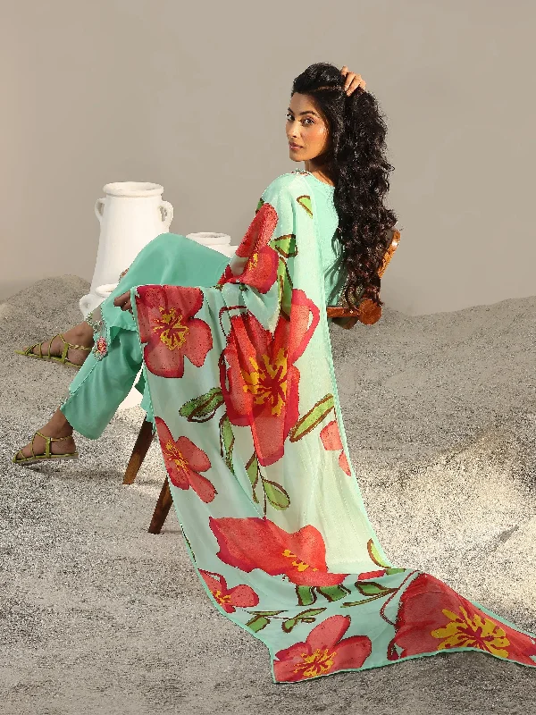 Sea Green Yoke Design Cotton Blend Straight Suit With Dupatta