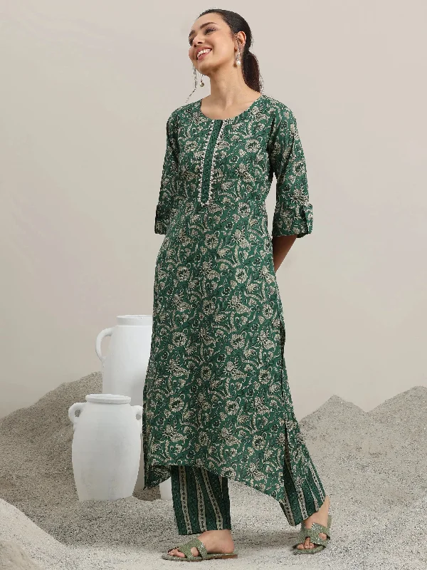 Green Printed Cotton Straight Kurta With Palazzos