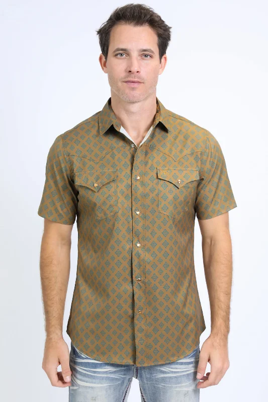 Men's Shirts with Moisture-Wicking FabricMens Performance Western Short Sleeve Aztec Print Khaki Shirt Men's Shirts with Moisture-Wicking FabricMens Performance Western Short Sleeve Aztec Print Khaki Shirt