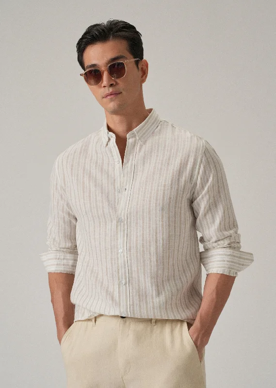 Men's Checked Short-Sleeve Shirts for Summer FunBeige Stripe Linen Shirt