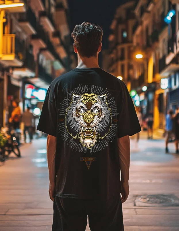 Warm Men's Fleece-Lined TopsTiger Black Oversized Back Graphic Printed Tshirt