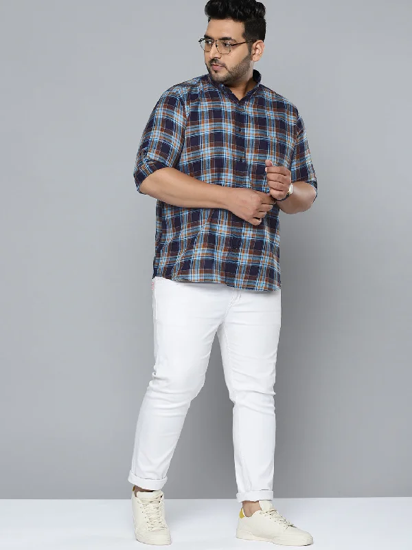 Men's Pattern Mixing Shirts for Creative StyleMen Navy Blue Smart Slim Fit Opaque Checked Casual Shirt