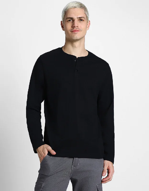 Men's Shirts with Short PlacketsHenley Black Solid Tshirt