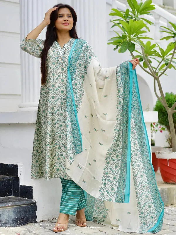 Blue Printed Silk Blend Straight Suit With Dupatta