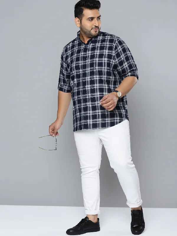 Men's Henley T-Shirts for a Casual TwistMen Navy Blue Smart Slim Fit Opaque Checked Casual Shirt