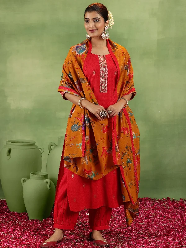 Red Printed Silk Blend Straight Suit With Dupatta