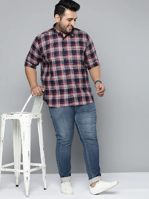 Men's Solid-Color Button-Down Shirts for VersatilityMen Navy Blue Smart Slim Fit Pure Cotton Opaque Checked Casual Shirt