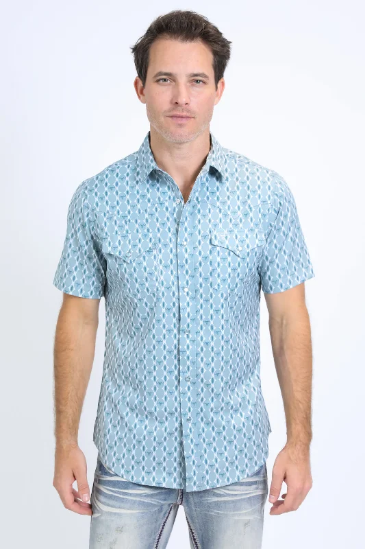 Men's Shirts with Plaid PatternsMens Performance Western Short Sleeve Aztec Print White Shirt