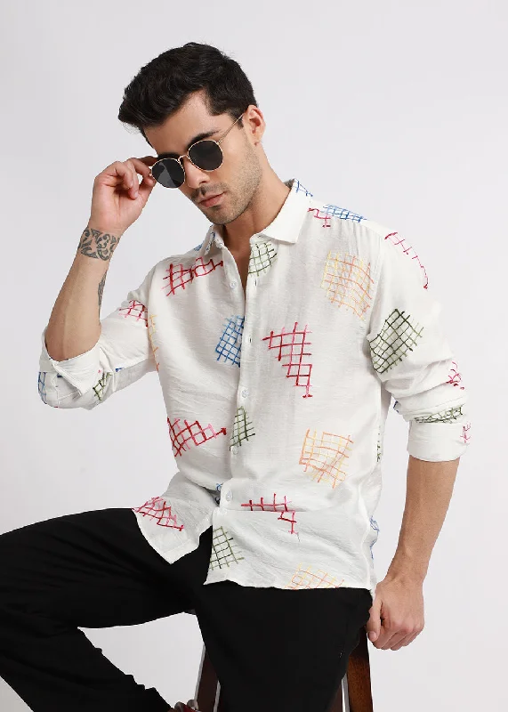 Durable Men's Work ShirtsWhite Geometric Embroidered Shirt