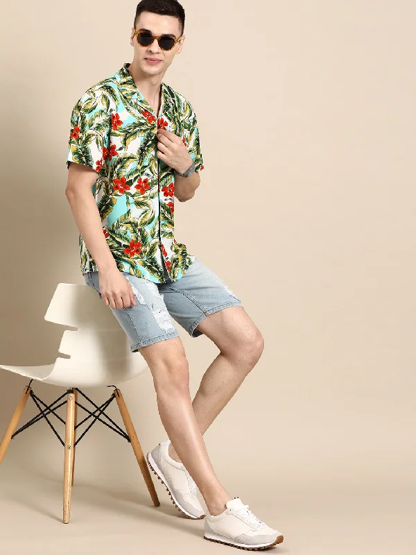 Layered Men's Henley ShirtsDENNISON Men Smart Floral Printed Cuban Collar Casual Shirt
