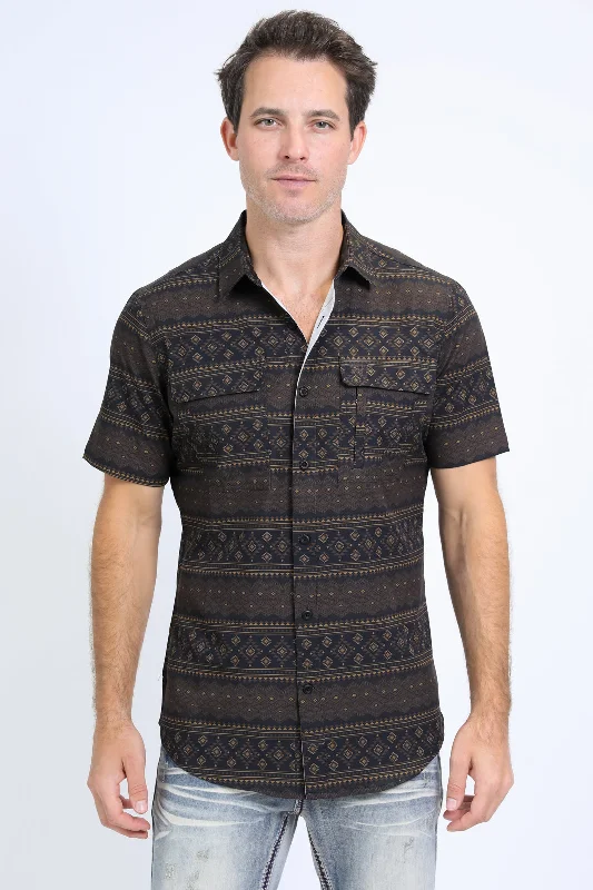 Men's Shirts with Pocket SquaresMens Performance Western Short Sleeve Aztec Print Black Shirt