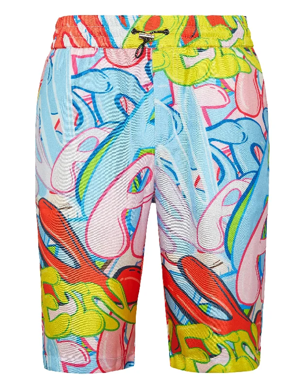 Men's Velcro-Closure Pants for ConvenienceSilk Short Trousers Bombing Graffiti