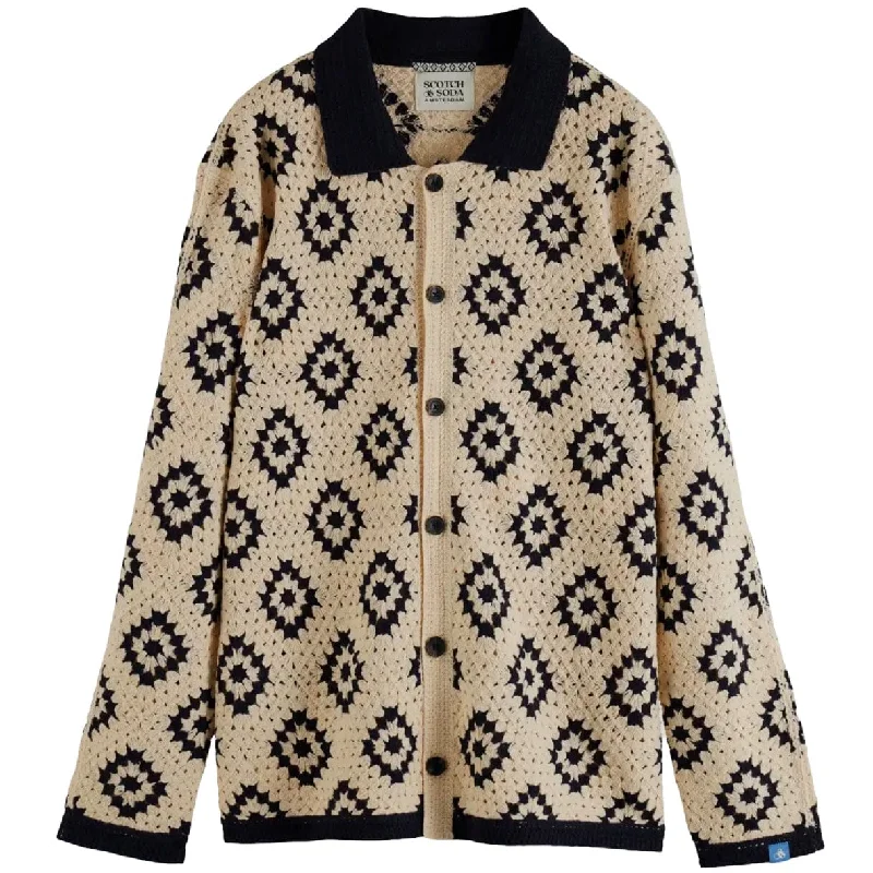 Classic Men's Button-Up ShirtsScotch & Soda Crochet Knit LS Polo (Parchment Geometric Flower) 178520