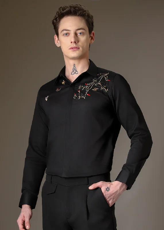 Men's Patterned Dress Shirts for a Unique TwistBeeclub Needle Work Black Designer Shirt