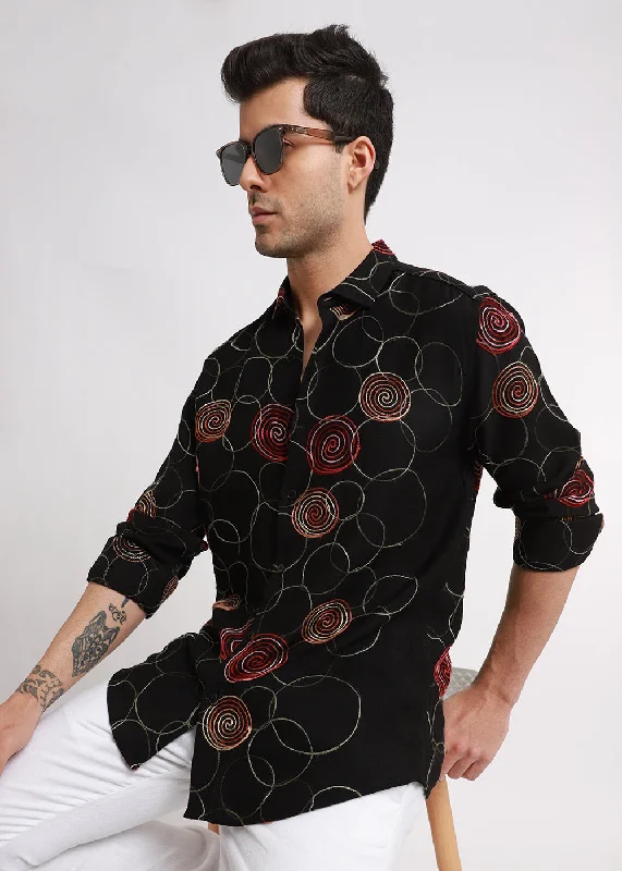Men's Tailored Shirts for a Sharp AppearanceBlack Circular Embroidered Shirt