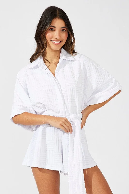 White Oversized Playsuit Textured fabric