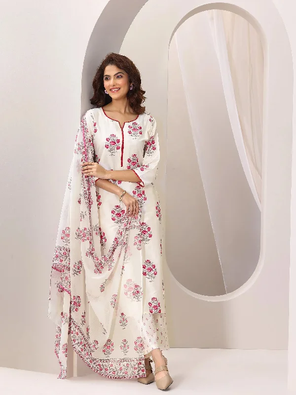 Off White Printed Chanderi Silk Straight Suit Set With Dupatta