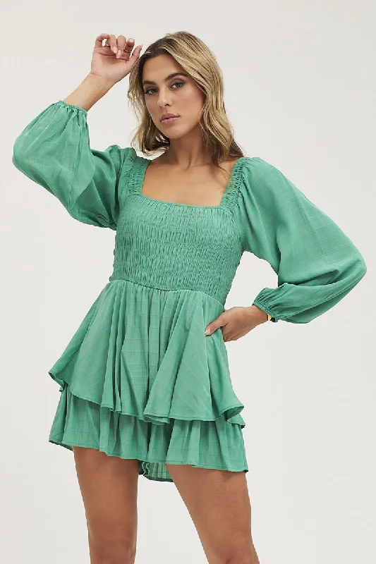 Green Shirred Detail Playsuit