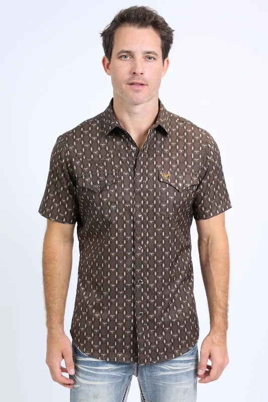 Men's Shirts with Hidden ButtonsMens Performance Western Short Sleeve Aztec Print Black Shirt