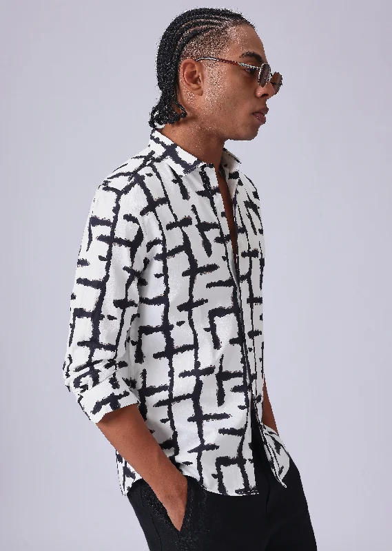 Men's Solid-Color Block Shirts for a Bold StatementWhite Abstract Check Print Shirt Men's Solid-Color Block Shirts for a Bold StatementWhite Abstract Check Print Shirt