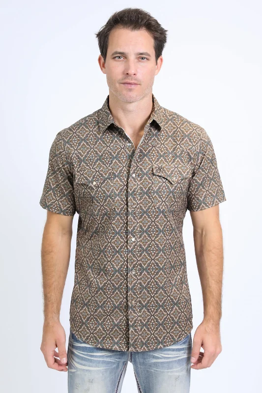 Men's Shirts with Belt AttachmentsMens Performance Western Short Sleeve Aztec Print Brown Shirt