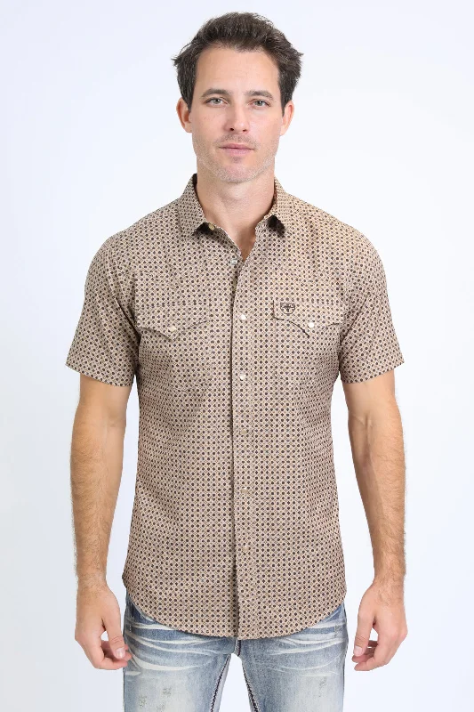 Men's Shirts with Mandarin CollarsMens Performance Western Short Sleeve Aztec Print Beige Shirt