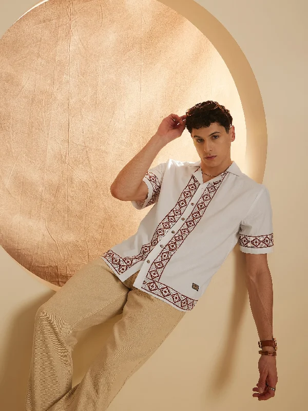 Men's Custom Dress Shirts for a Personalized FitDENNISON White Color Border Printed Casual Shirt