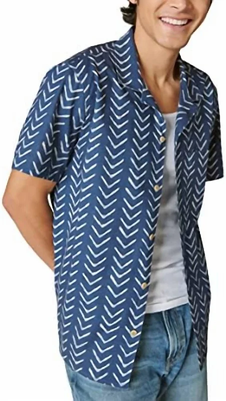 Men's Designer Shirts for a Statement PiecePrinted Short Sleeve Camp Collar Shirt In Indigo Stripe Men's Designer Shirts for a Statement PiecePrinted Short Sleeve Camp Collar Shirt In Indigo Stripe