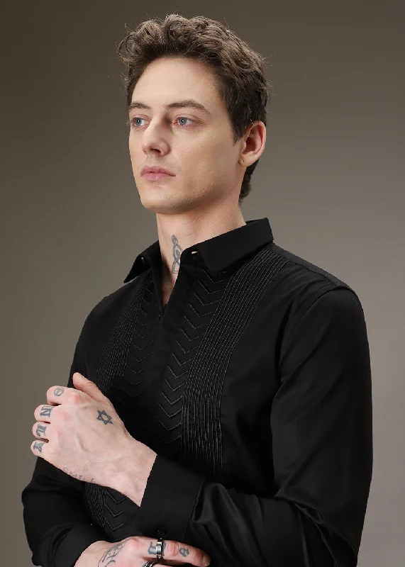 Men's Checkered Shirts for a Retro FeelLine Needle Work Black Designer Shirt