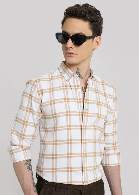 Men's Spread-Collar Shirts for a Bold StatementTan Brown Oxford Cotton Check Shirt