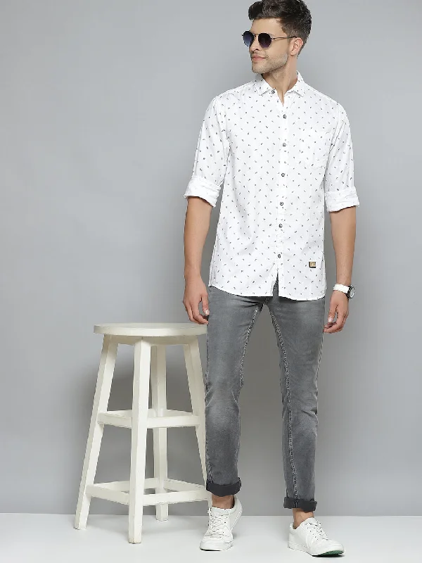 Men's Denim Shirts for a Rugged LookMen White  Navy Blue Printed Smart Slim Fit Opaque Cotton Casual Shirt
